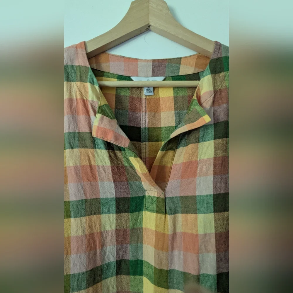 L.L. Bean Signature Medium Linen Blend Splitneck Shirt, "Beeswax" Plaid - Picture 3 of 12